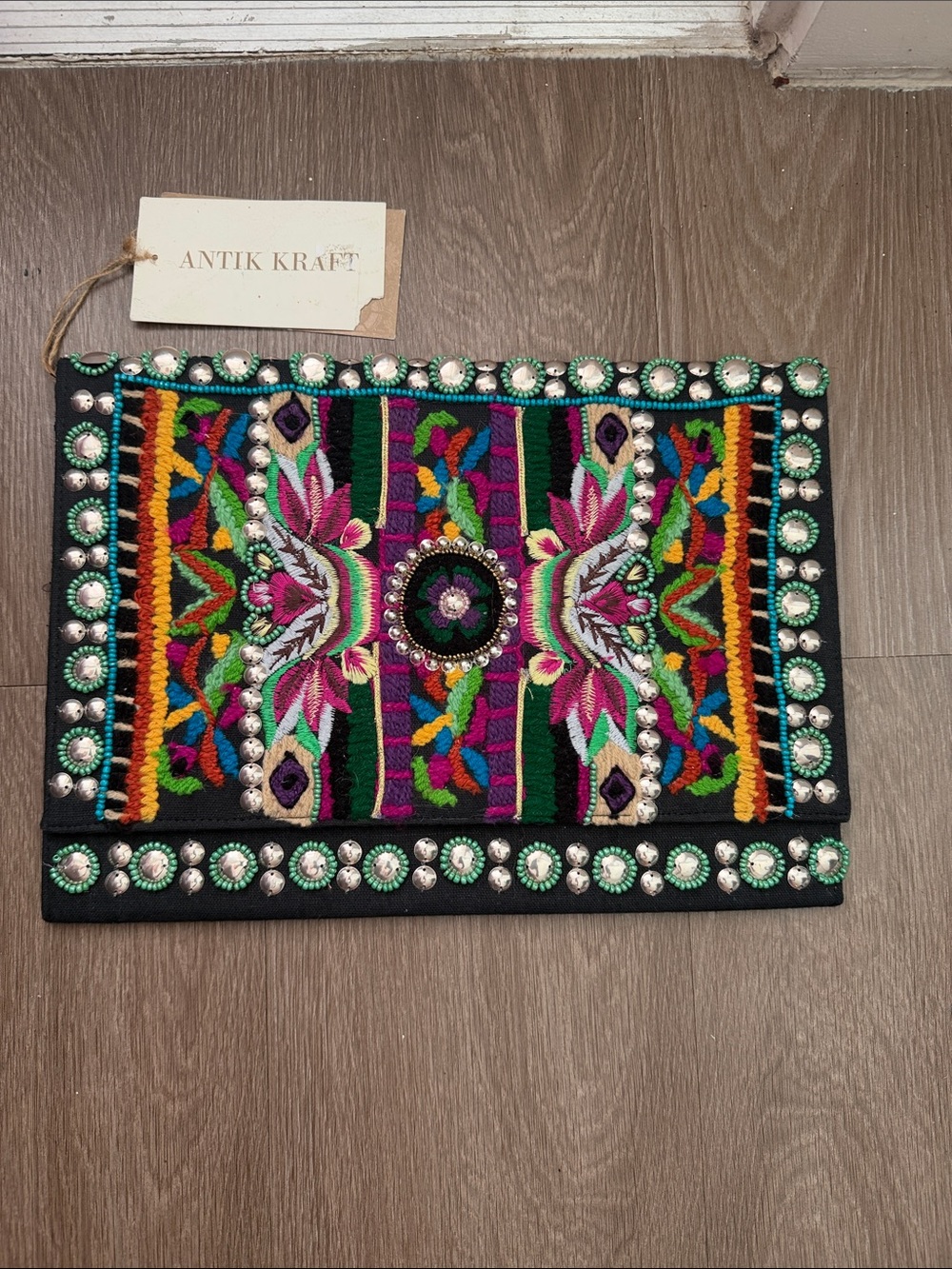 Antik Kraft Black Multicolor Embroidered Accent Pouch